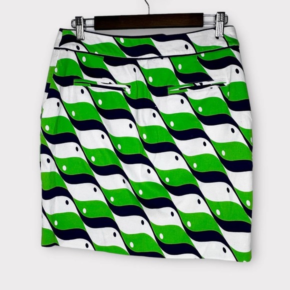 Elizabeth McKay Green White and Navy Printed Cotton Mini Skirt Sz 2 - Picture 5 of 9